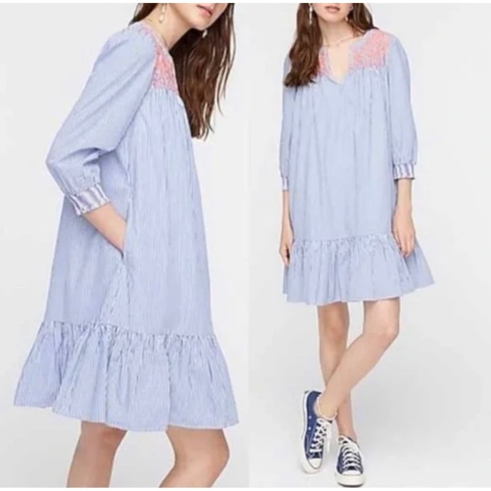 J Crew Dress Size XS Blue & White Striped Leda Embroidered Dress Ruffle Hem 💙🧡